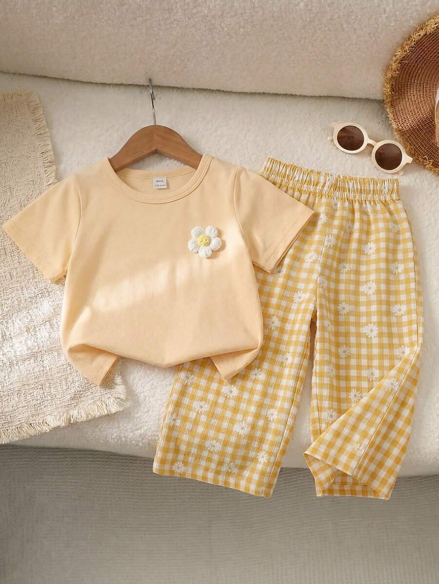 3D Floral T Shirt And Plaid Pants Set For Baby Girls Casual Cute Outfit