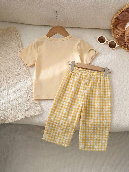 3D Floral T Shirt And Plaid Pants Set For Baby Girls Casual Cute Outfit