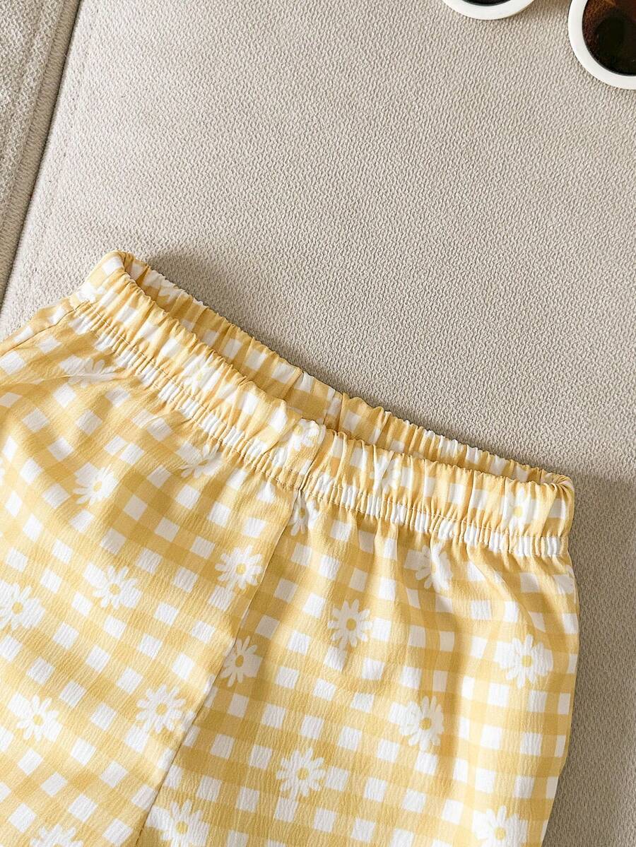 3D Floral T Shirt And Plaid Pants Set For Baby Girls Casual Cute Outfit