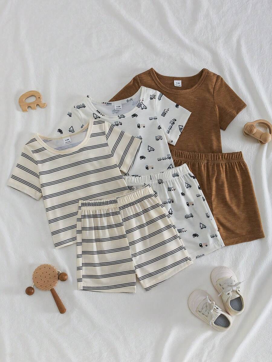 Infant Toddler Boys' Summer Outfit: Striped Waffle Tee and Letter Patch Shorts