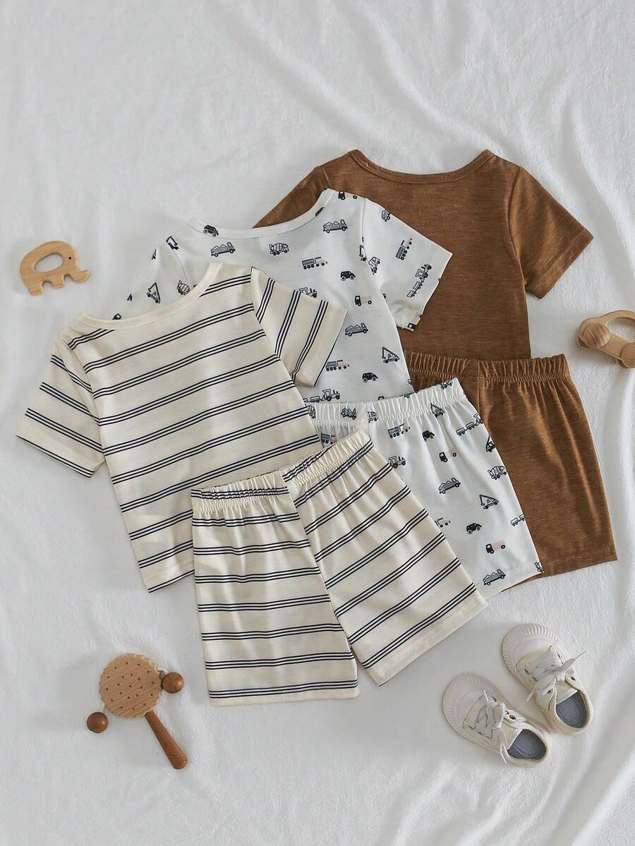 Infant Toddler Boys' Summer Outfit: Striped Waffle Tee and Letter Patch Shorts