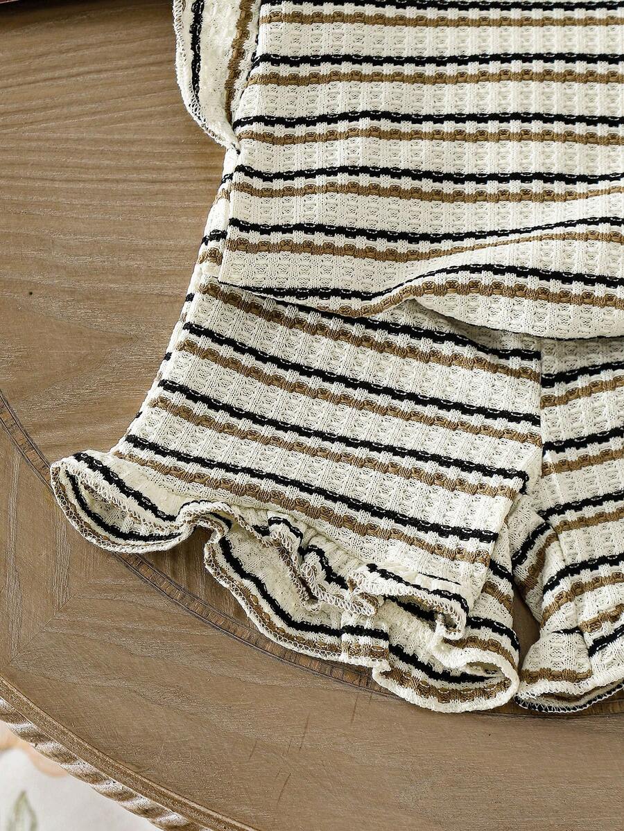 Baby Girl Black & White Striped Ruffle Sleeve T-Shirt & Shorts Set