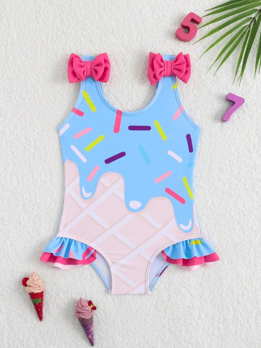 Baby Girls Bow Decor One Piece Swimsuit Cute Beach Vacation Swimwear