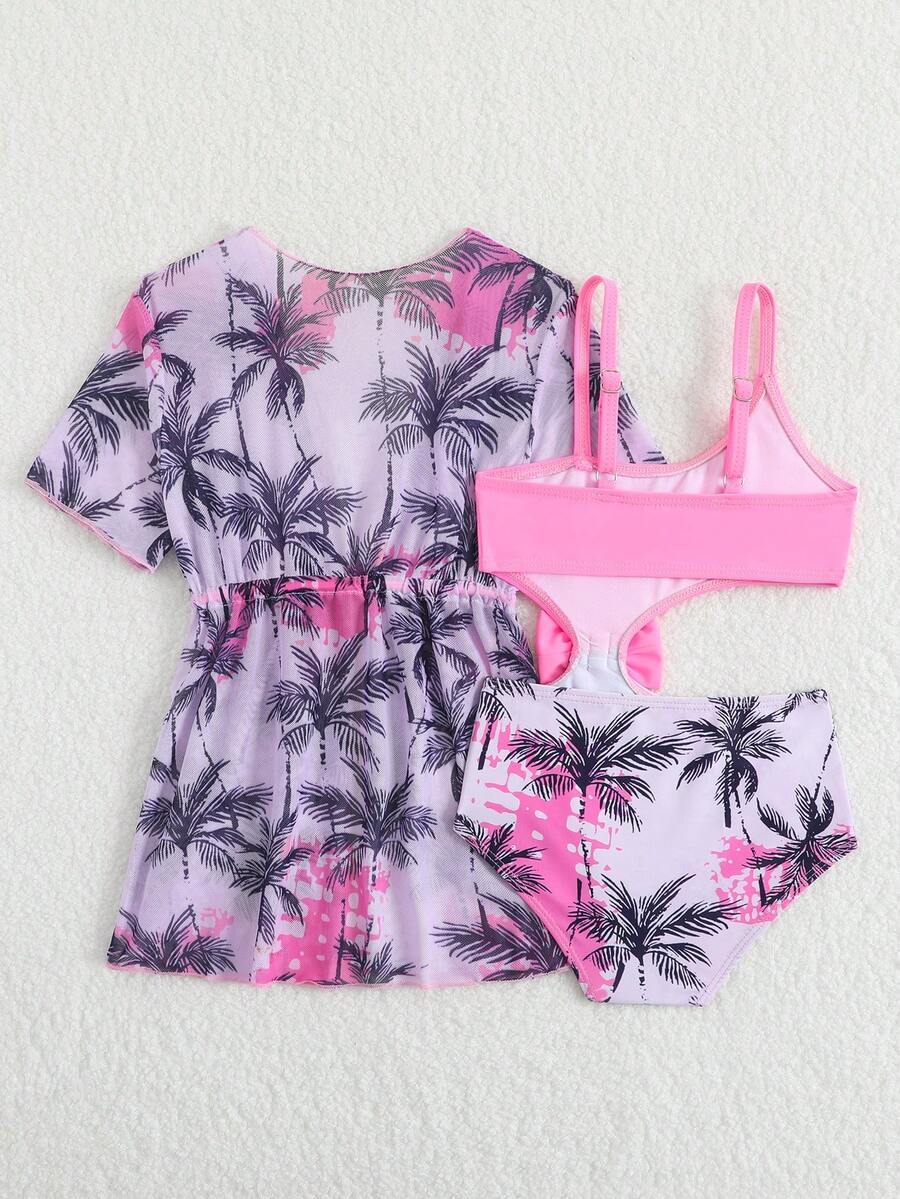 Summer Beach Outfit For Little Girls With Palm Print Swimsuit And Cover Up