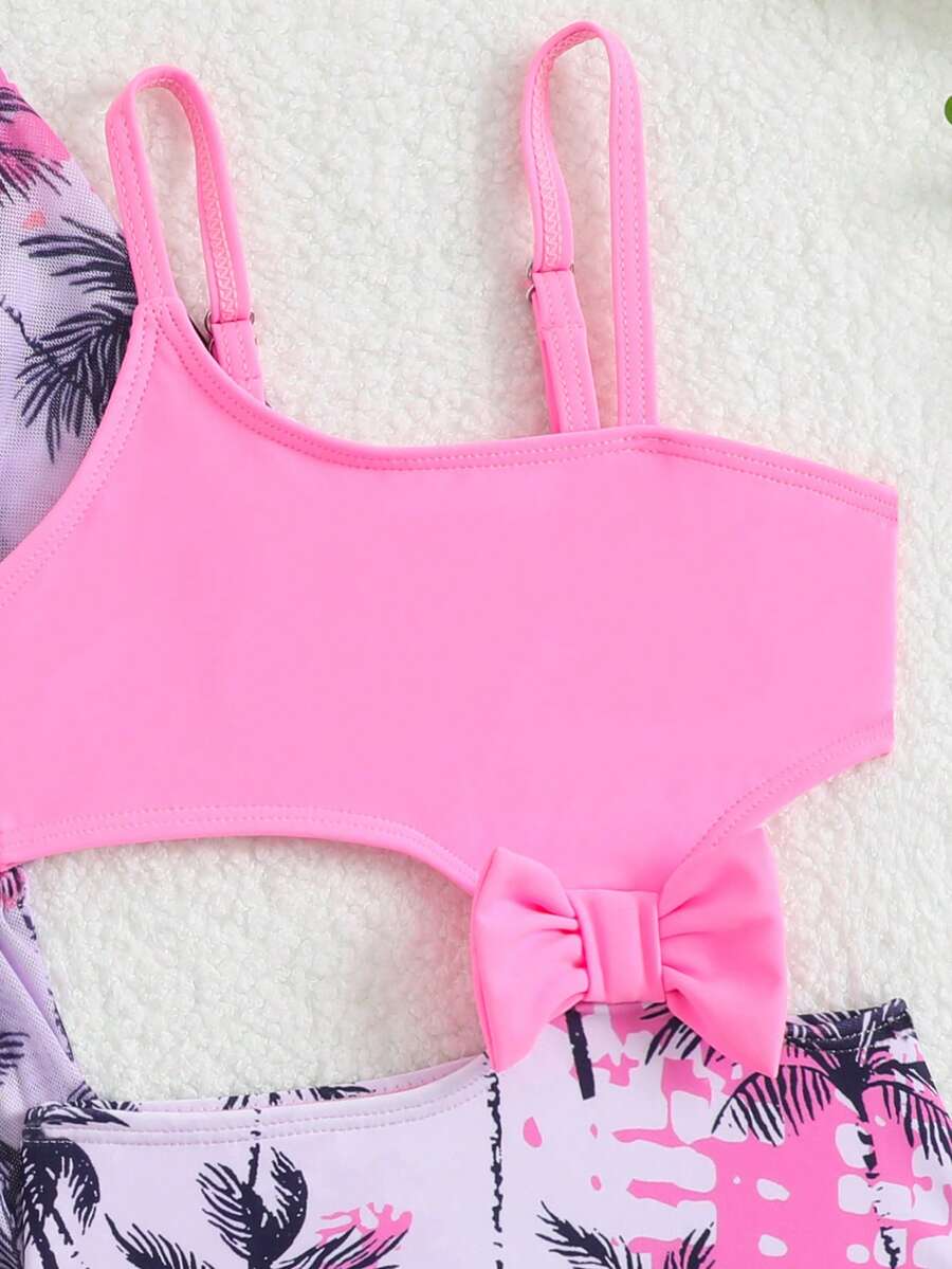 Summer Beach Outfit For Little Girls With Palm Print Swimsuit And Cover Up