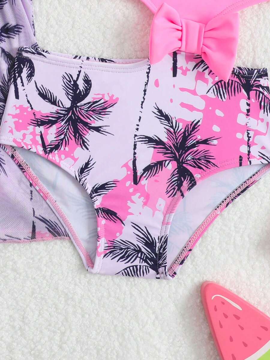 Summer Beach Outfit For Little Girls With Palm Print Swimsuit And Cover Up