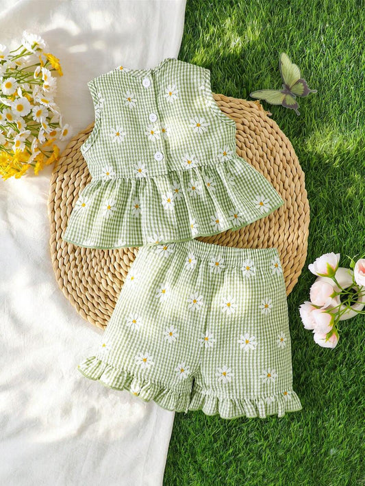 Baby Green Gingham Daisy Print Outfit Set for Cute Summer Daily Wear and Outings