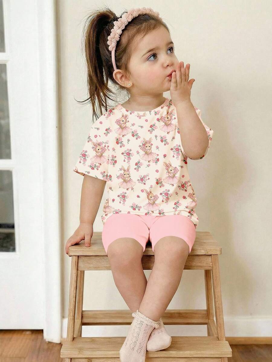 Cute Short Sleeve Clothing Set For Little Girls Flower Print Leggings Style