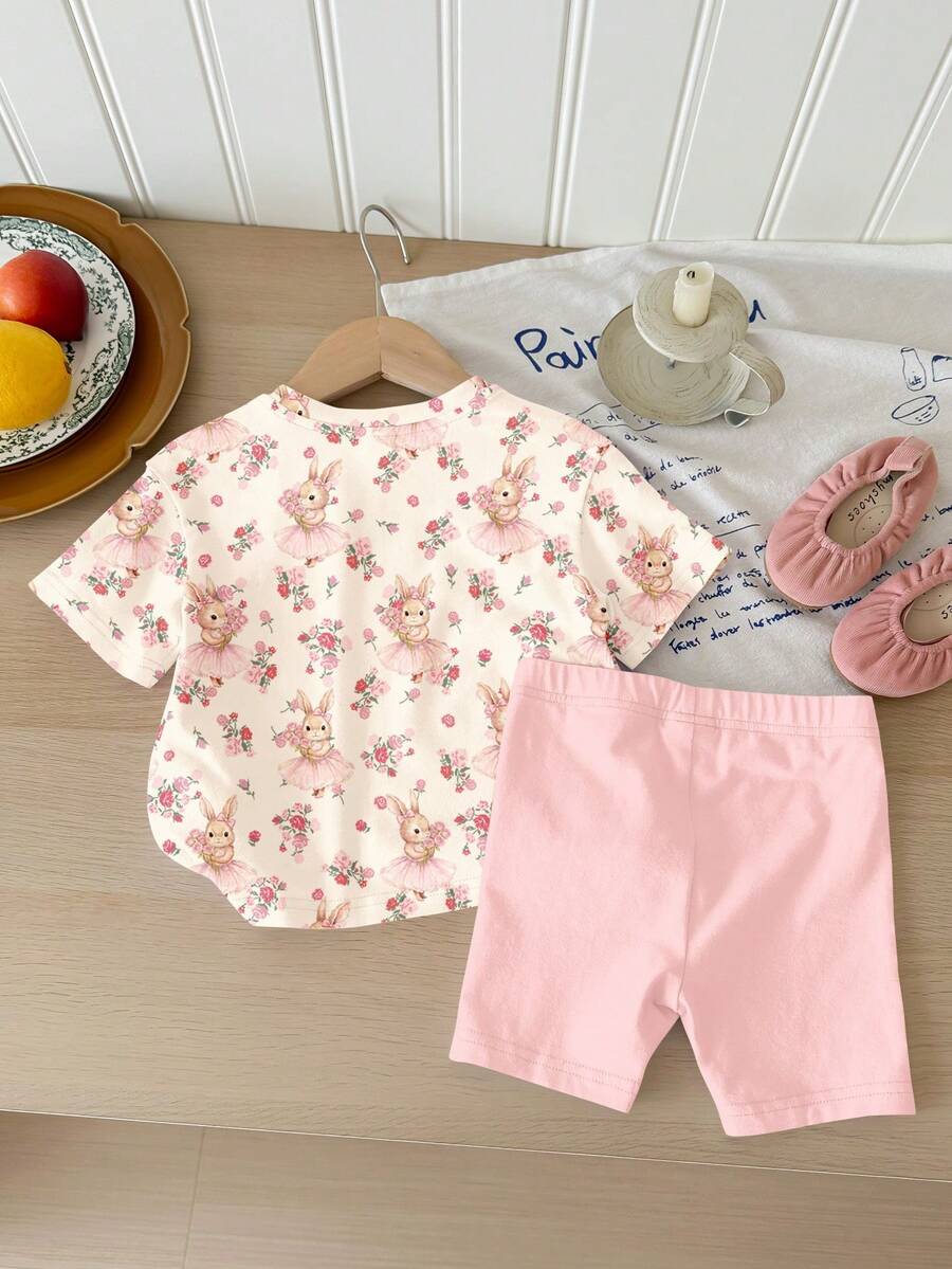 Cute Short Sleeve Clothing Set For Little Girls Flower Print Leggings Style