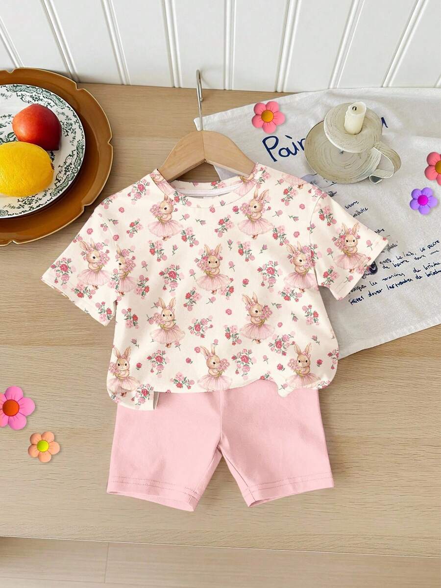 Cute Short Sleeve Clothing Set For Little Girls Flower Print Leggings Style