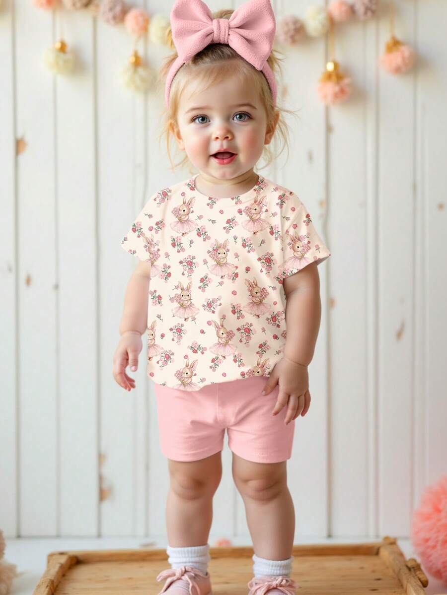 Cute Short Sleeve Clothing Set For Little Girls Flower Print Leggings Style