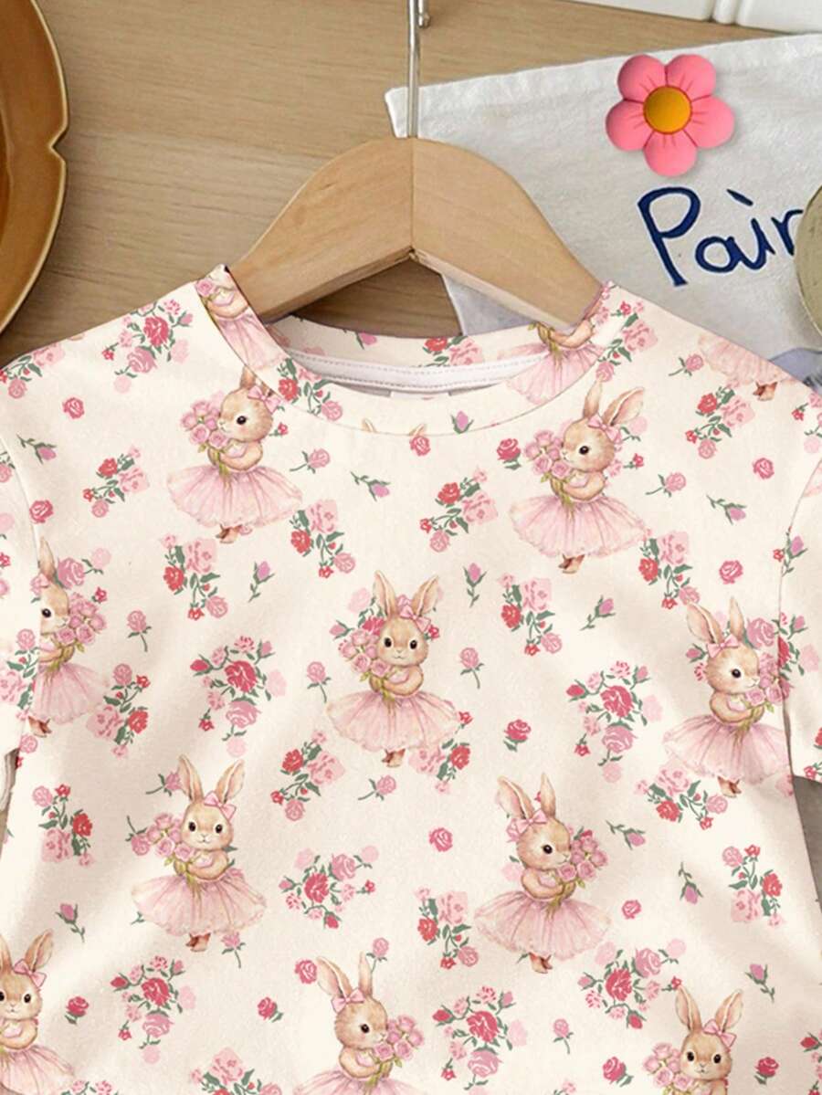 Cute Short Sleeve Clothing Set For Little Girls Flower Print Leggings Style