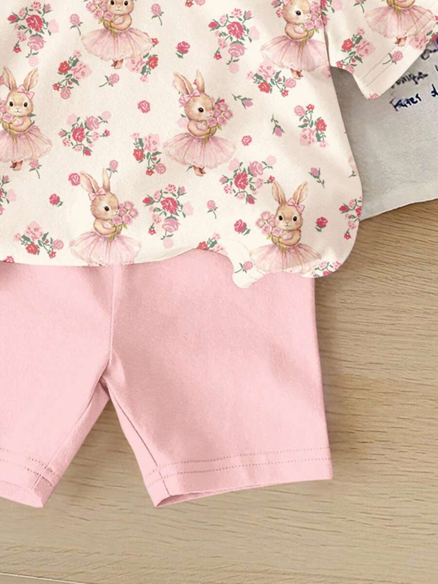 Cute Short Sleeve Clothing Set For Little Girls Flower Print Leggings Style