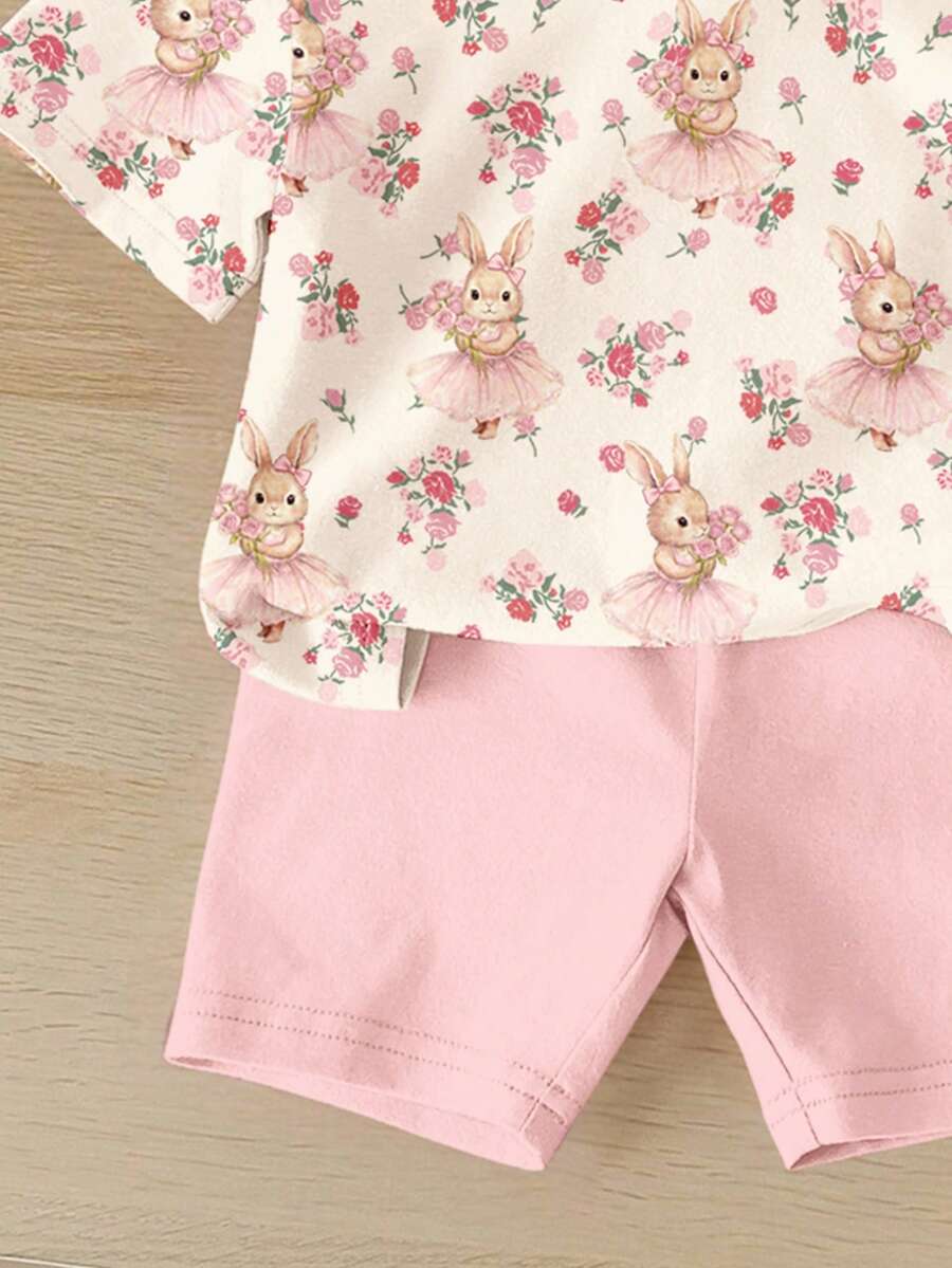 Cute Short Sleeve Clothing Set For Little Girls Flower Print Leggings Style