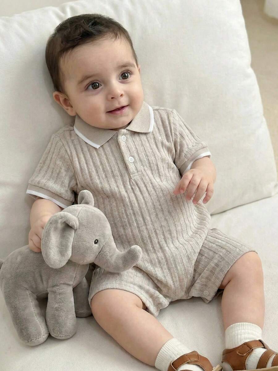 Unisex Newborn Baby Contrast Color Jacquard Polo Collar Half Zip Short Sleeve Jumpsuit Summer Outfit