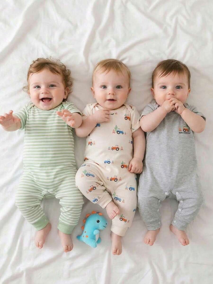 4PCS Baby Bear Print Cotton Romper Set for Summer Daily Wear and Comfort