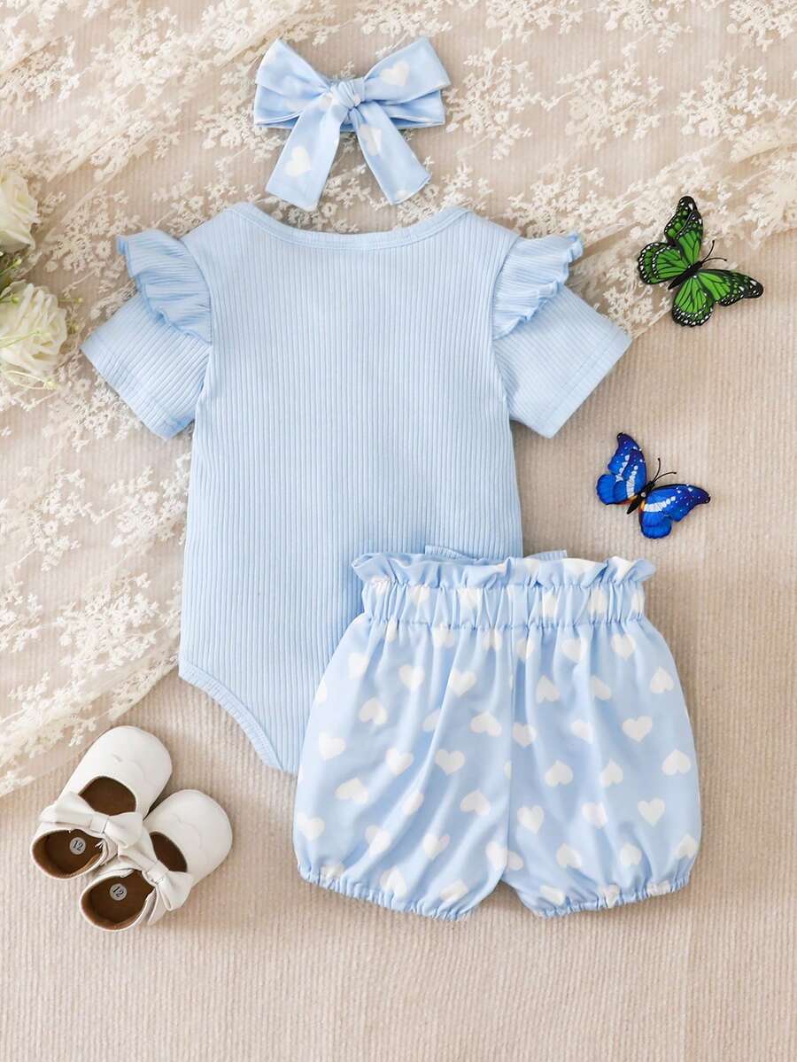 Cute Kids 3-Piece Casual Outfit Set For Toddlers – Embroidery Bodysuit, Soft Pants & Matching Bow Headband