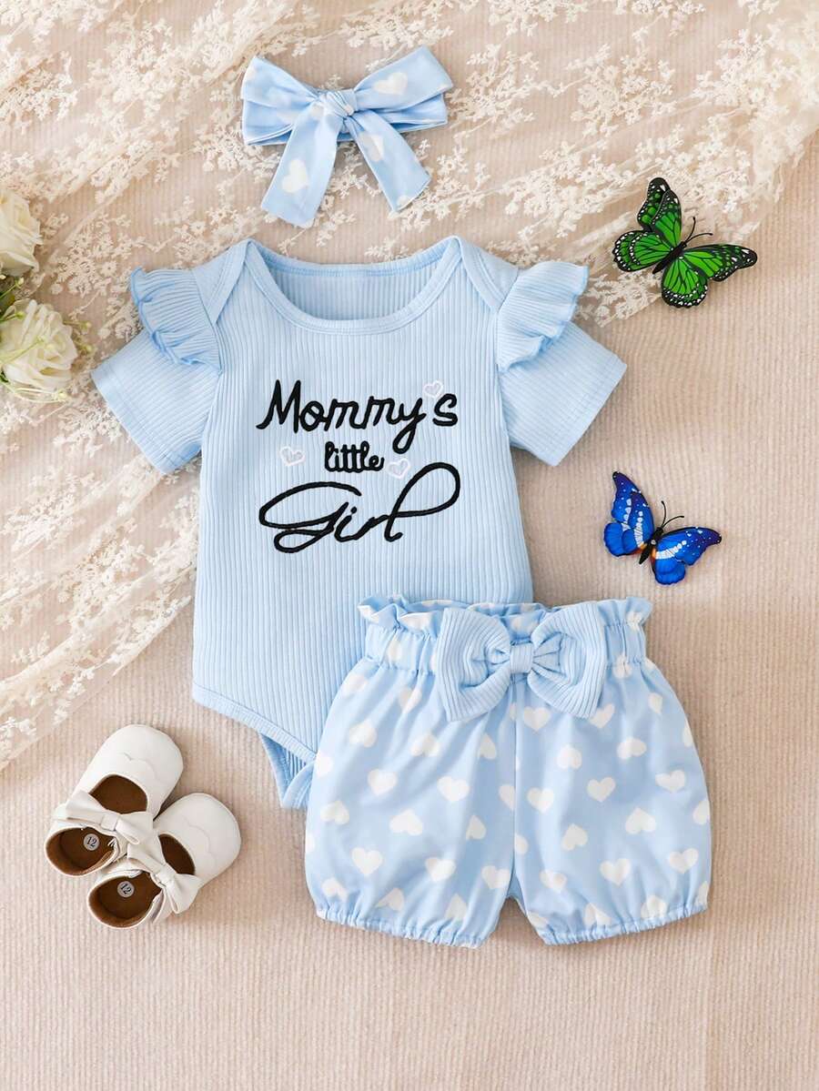 Cute Kids 3-Piece Casual Outfit Set For Toddlers – Embroidery Bodysuit, Soft Pants & Matching Bow Headband