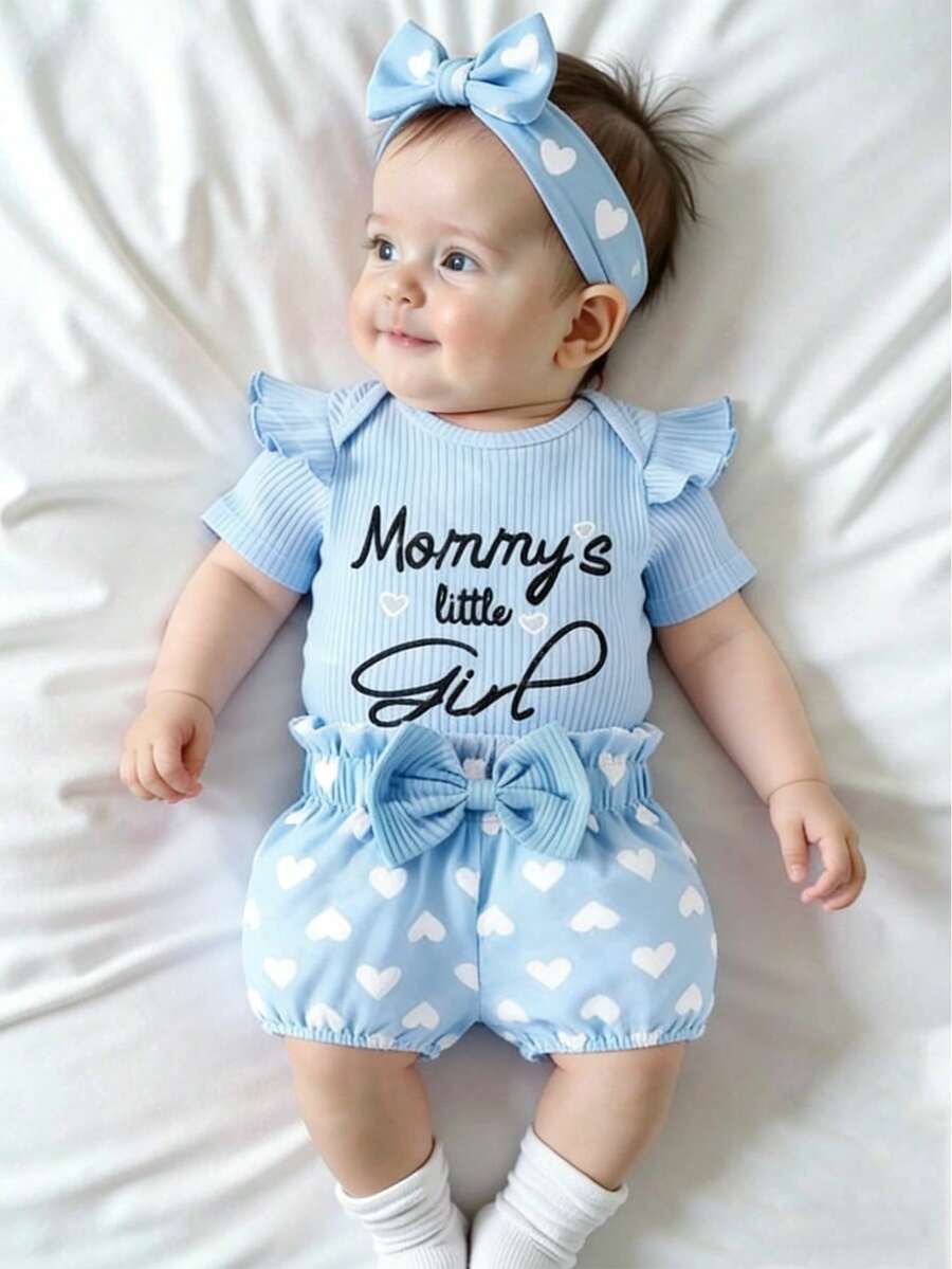 Cute Kids 3-Piece Casual Outfit Set For Toddlers – Embroidery Bodysuit, Soft Pants & Matching Bow Headband