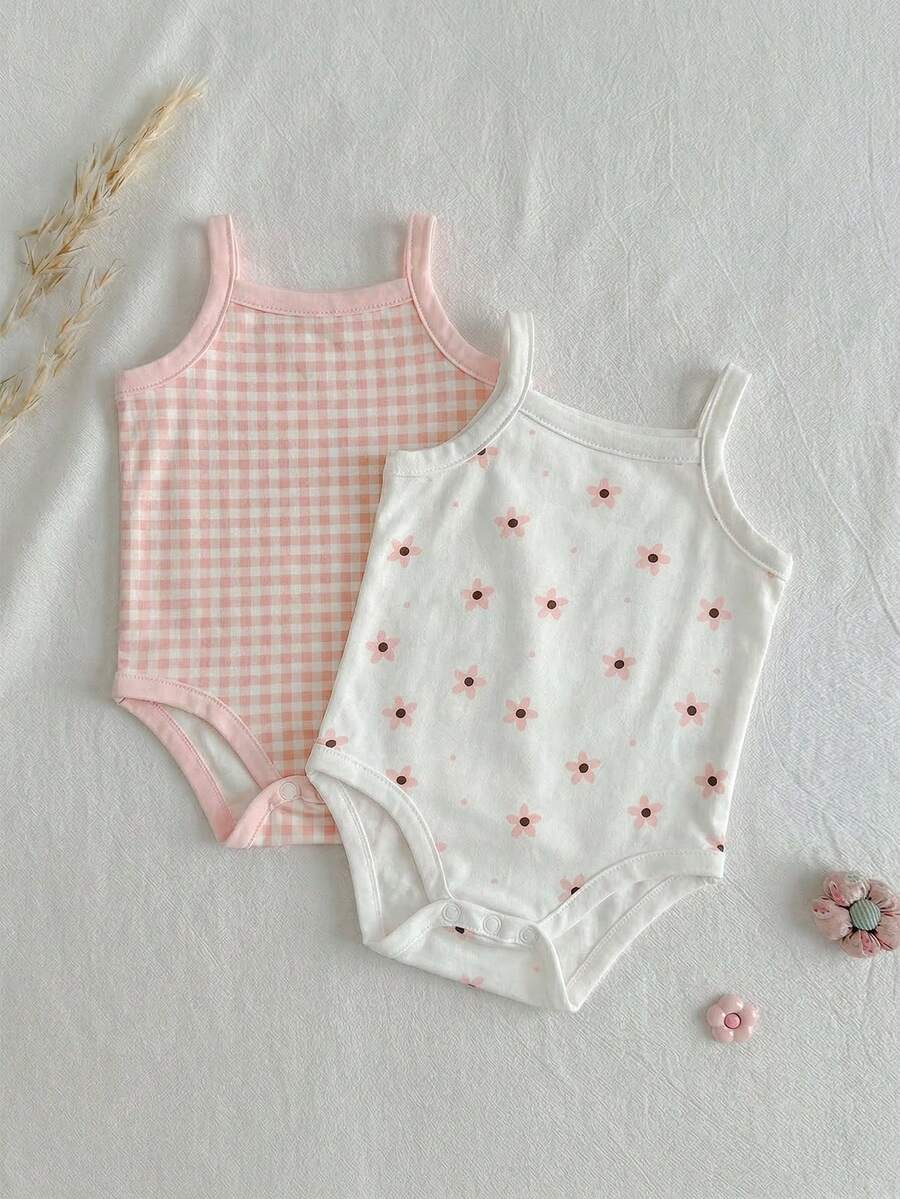 Newborn Baby Girl Floral Botanical Camisole Bodysuit - Rib-Knit 2 Piece Coordinating Set