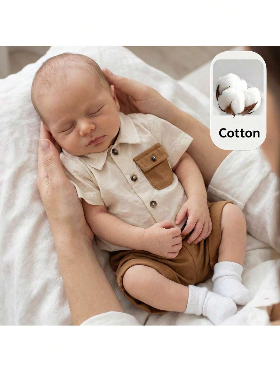 Baby Boy 2pcs Knit Jacquard Summer Set - Short Sleeve Shirt & Elastic Shorts