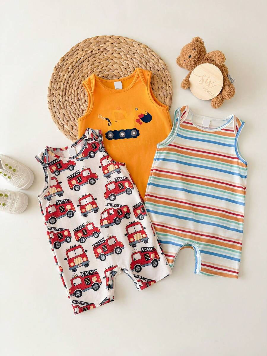 Unisex Newborn Baby Cartoon and Stripe Print Romper 3 Piece Summer Outfit Set