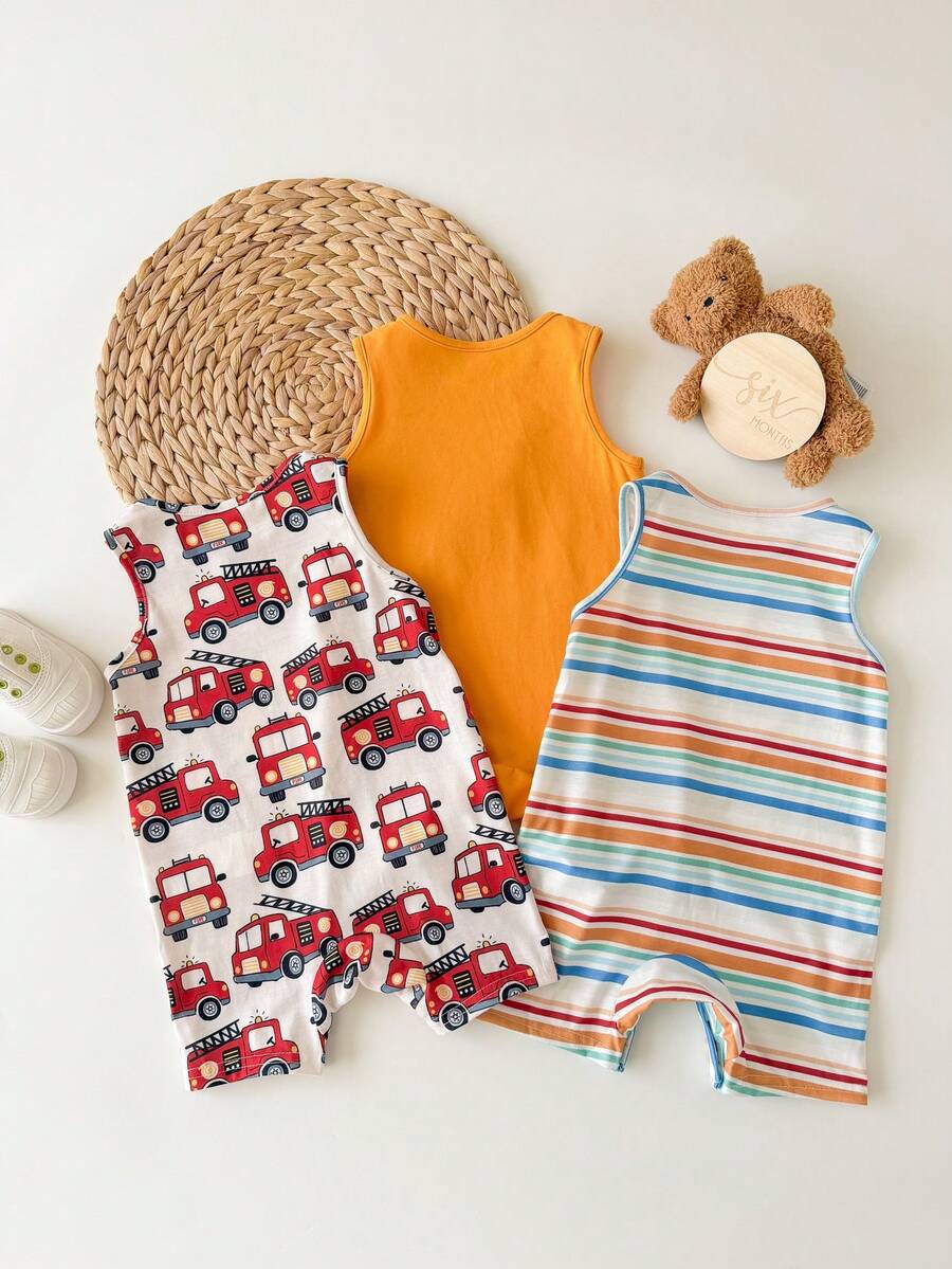Unisex Newborn Baby Cartoon and Stripe Print Romper 3 Piece Summer Outfit Set