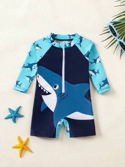 Baby Shark Print Long Sleeve One-Piece Swimsuit