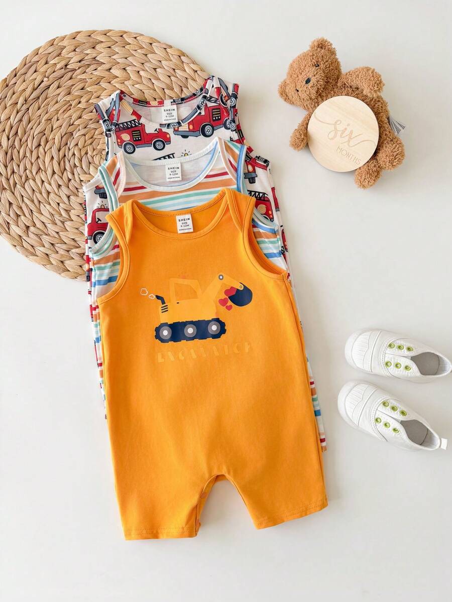 Unisex Newborn Baby Cartoon and Stripe Print Romper 3 Piece Summer Outfit Set