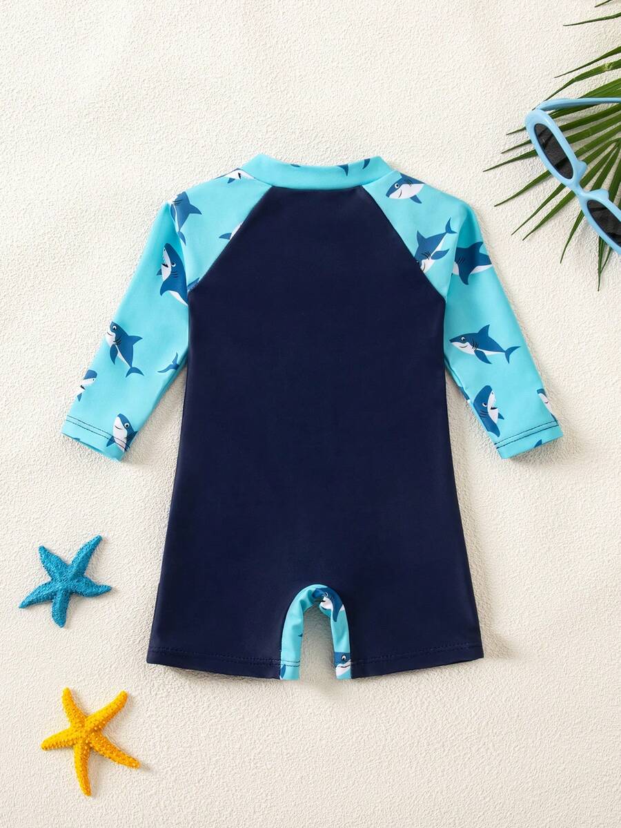 Baby Shark Print Long Sleeve One-Piece Swimsuit