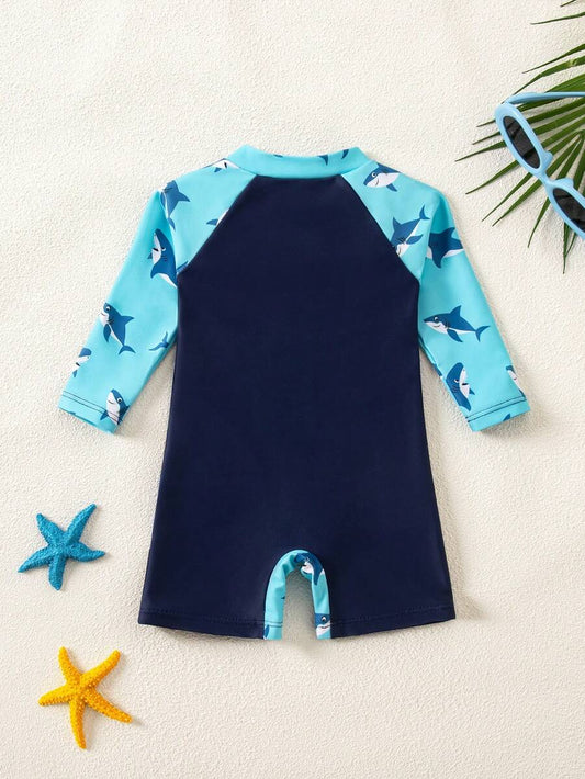 Baby Shark Print Long Sleeve One-Piece Swimsuit