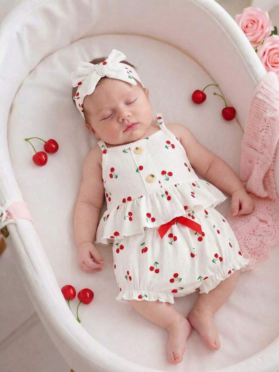 Baby Girl Heart Print Camisole Top and Shorts Set for Cute Summer Daily Wear
