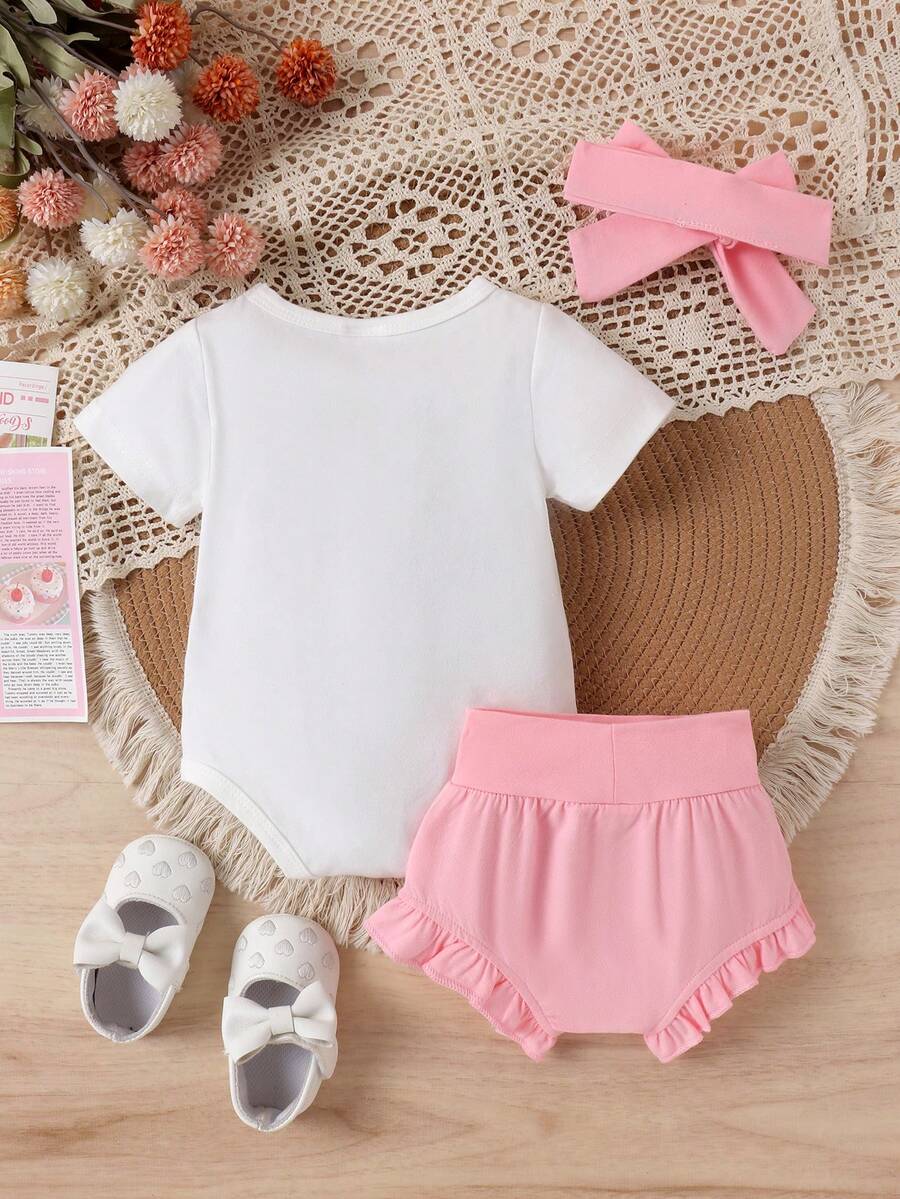 Infant Girl 2pcs Letter Embossed Bodysuit and Ruffle Shorts Summer Outfit