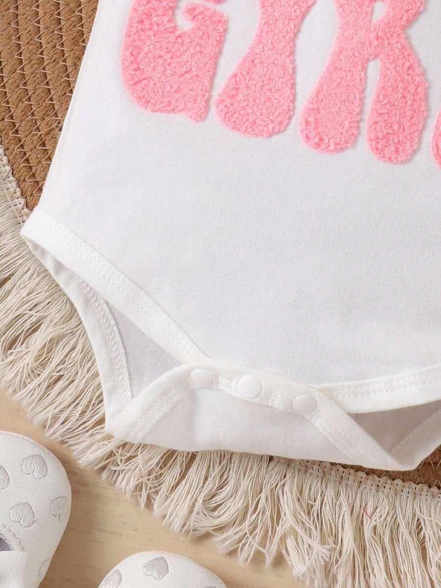Infant Girl 2pcs Letter Embossed Bodysuit and Ruffle Shorts Summer Outfit