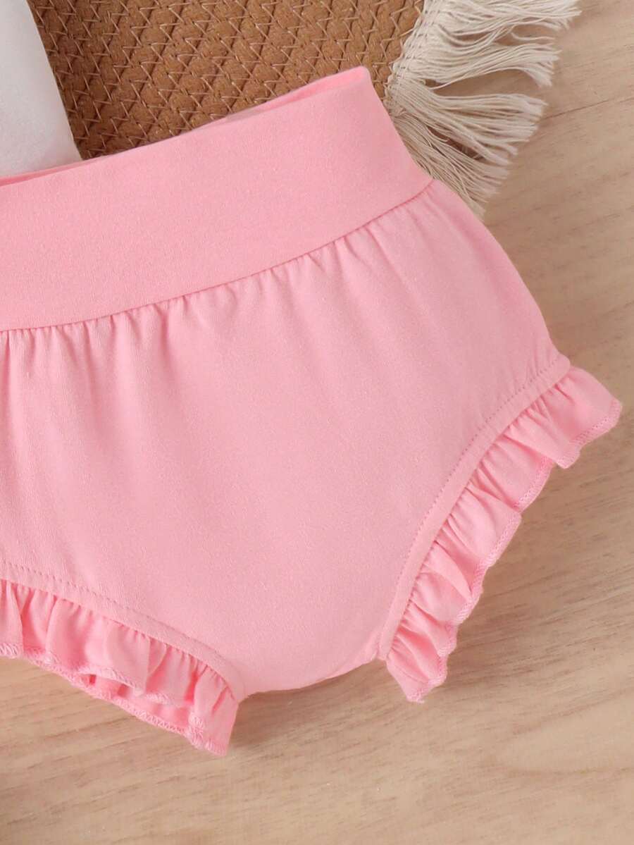 Infant Girl 2pcs Letter Embossed Bodysuit and Ruffle Shorts Summer Outfit
