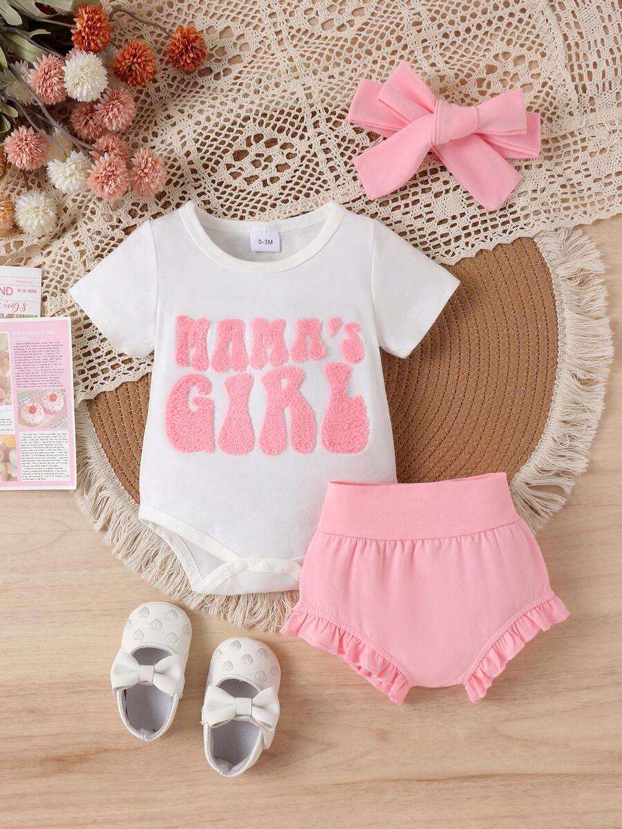 Infant Girl 2pcs Letter Embossed Bodysuit and Ruffle Shorts Summer Outfit