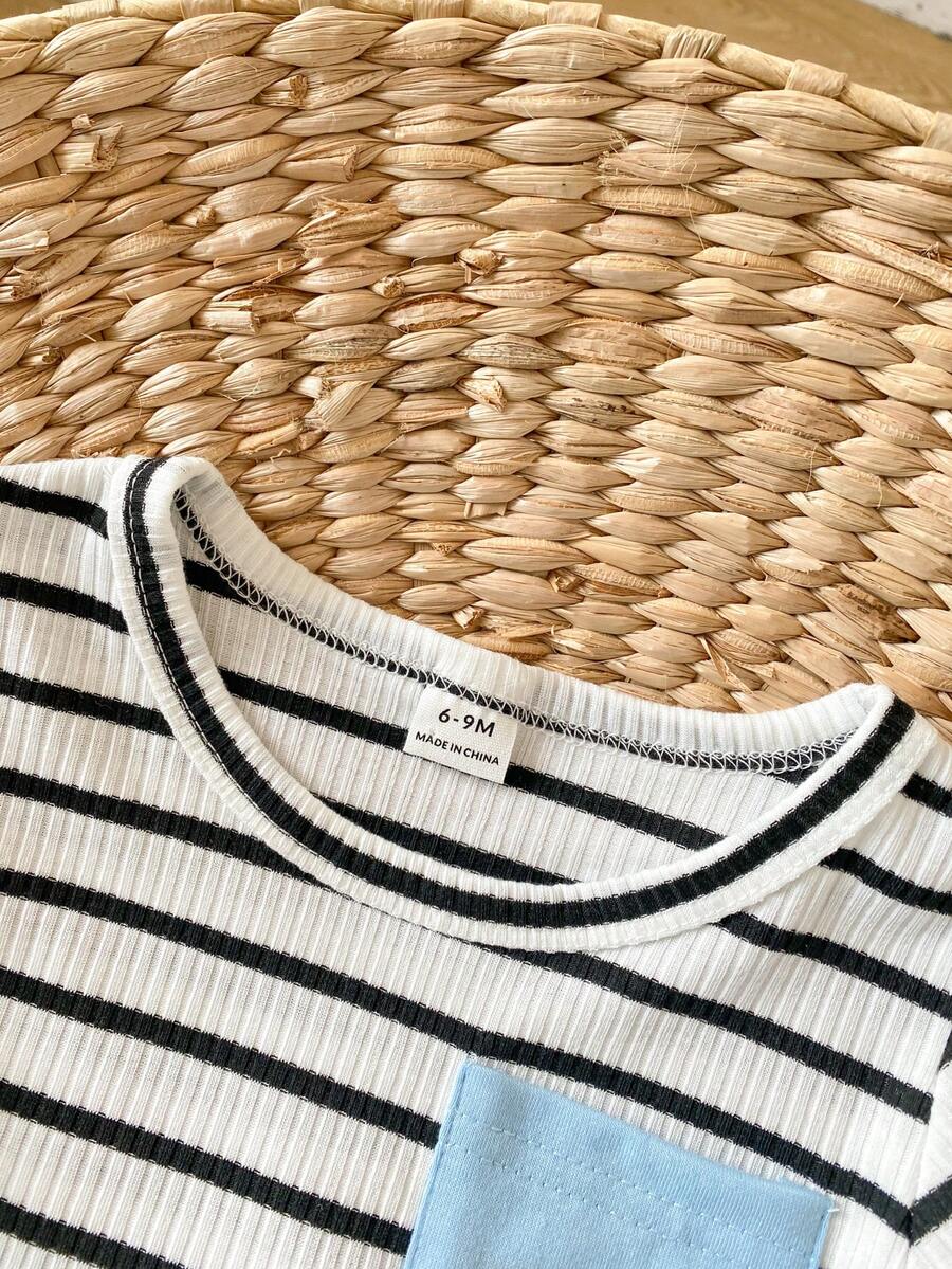 Infant Toddler Boys' Summer Outfit: Striped Waffle Tee and Letter Patch Shorts