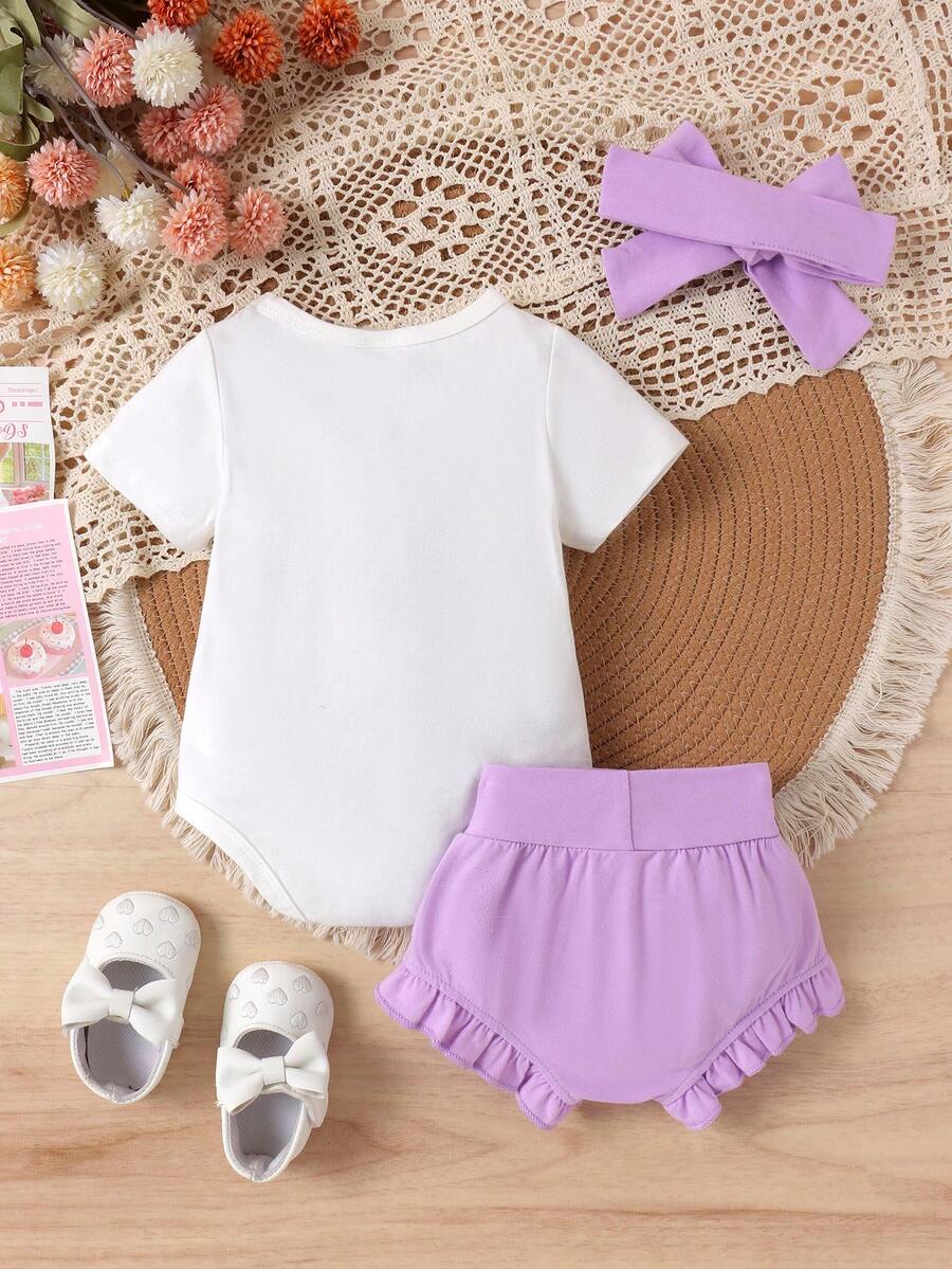 Infant Girl 2pcs Letter Embossed Bodysuit and Ruffle Shorts Summer Outfit
