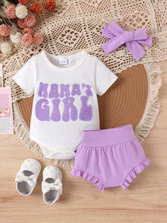 Infant Girl 2pcs Letter Embossed Bodysuit and Ruffle Shorts Summer Outfit