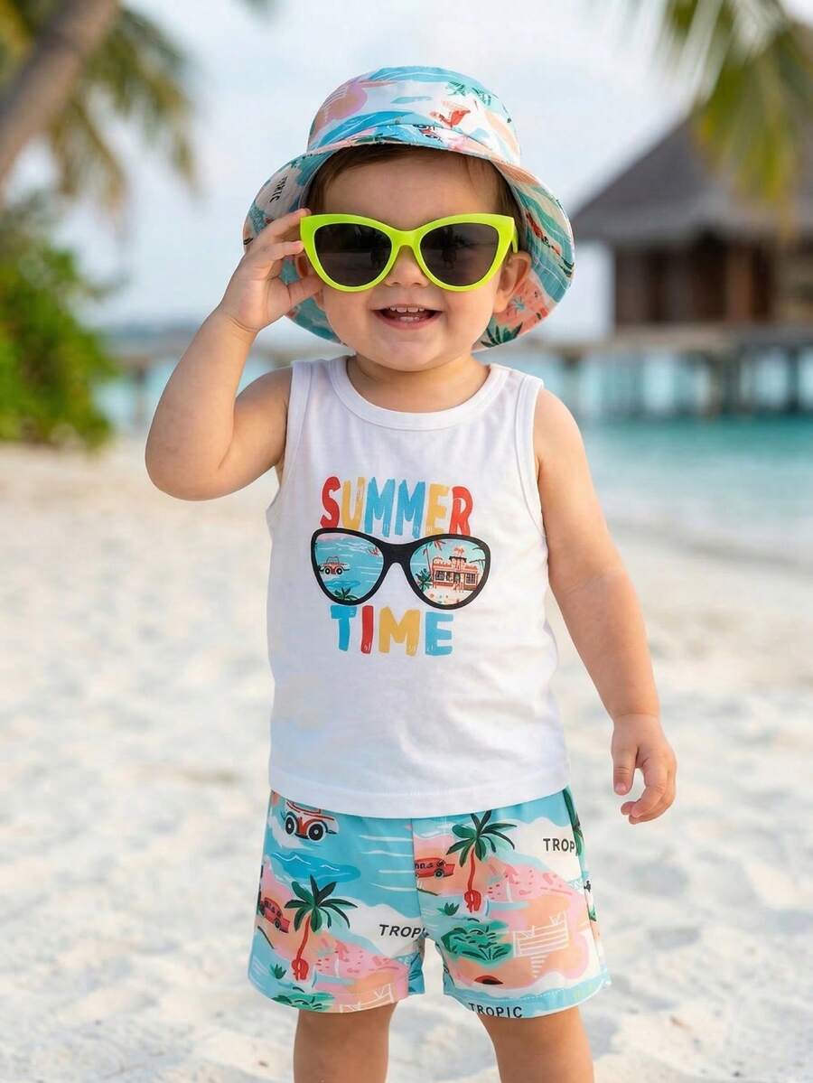 Baby Boy Letter Print Top Coconut Tree Print Shorts and Hat 3 Piece Summer Beach Vacation Outfit Set