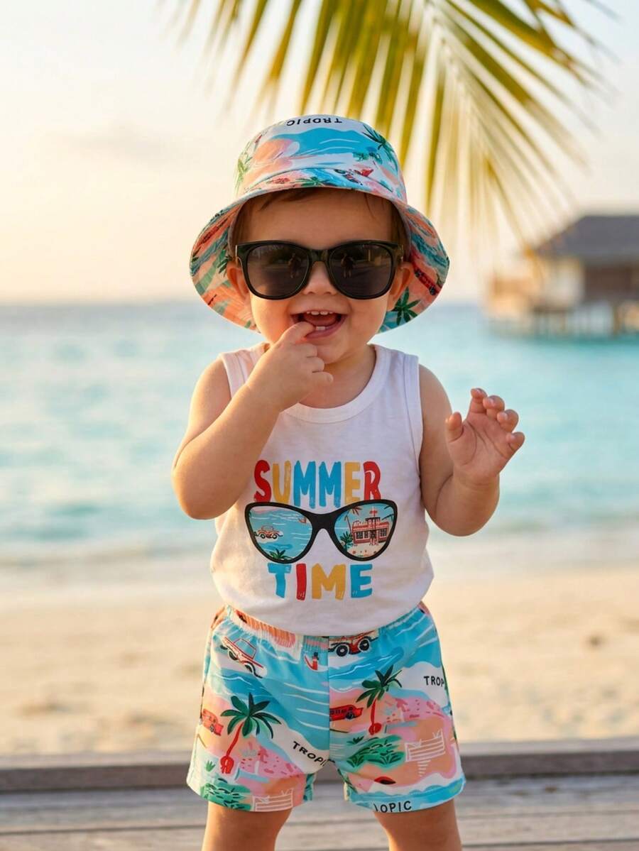 Baby Boy Letter Print Top Coconut Tree Print Shorts and Hat 3 Piece Summer Beach Vacation Outfit Set