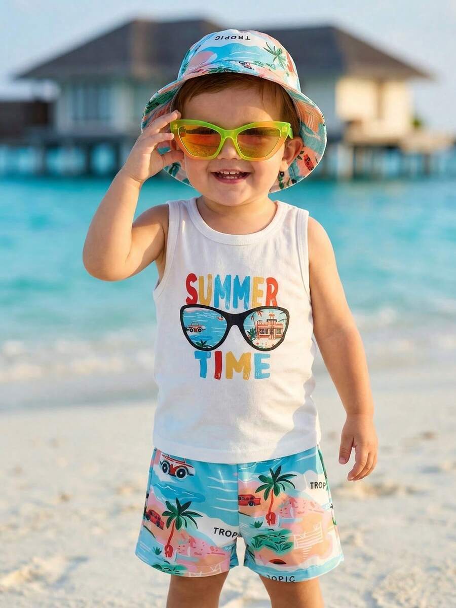 Baby Boy Letter Print Top Coconut Tree Print Shorts and Hat 3 Piece Summer Beach Vacation Outfit Set