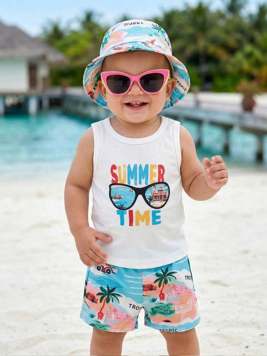 Baby Boy Letter Print Top Coconut Tree Print Shorts and Hat 3 Piece Summer Beach Vacation Outfit Set