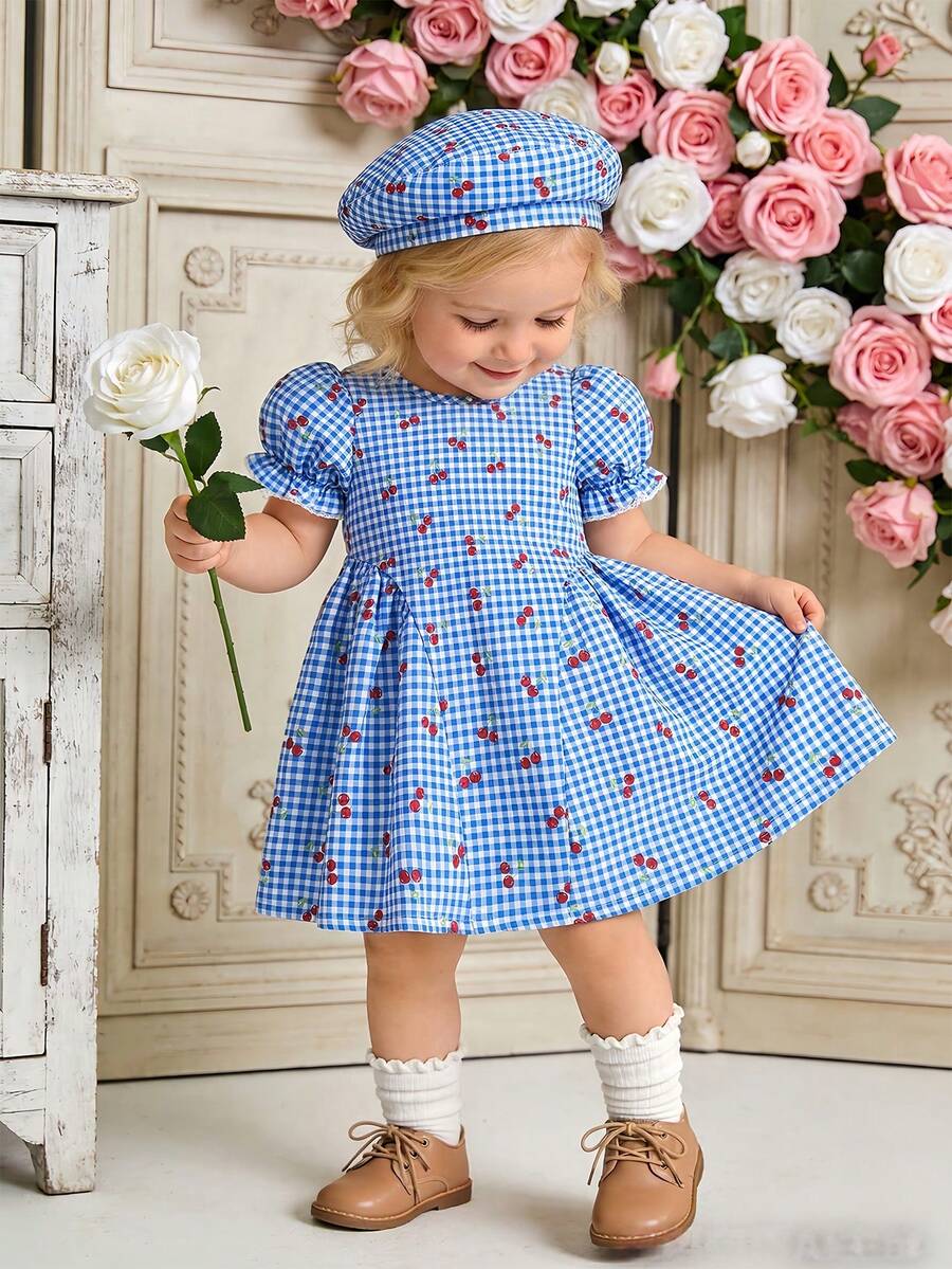 Baby Girls Cherry Plaid Dress And Beret Hat Set Cute Summer Vacation Outfit