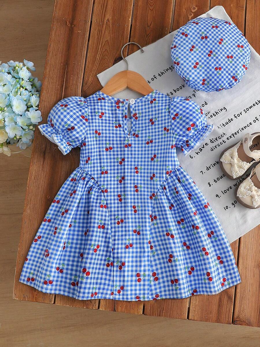 Baby Girls Cherry Plaid Dress And Beret Hat Set Cute Summer Vacation Outfit