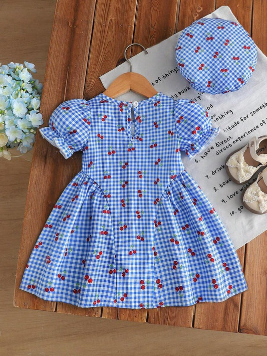 Baby Girls Cherry Plaid Dress And Beret Hat Set Cute Summer Vacation Outfit