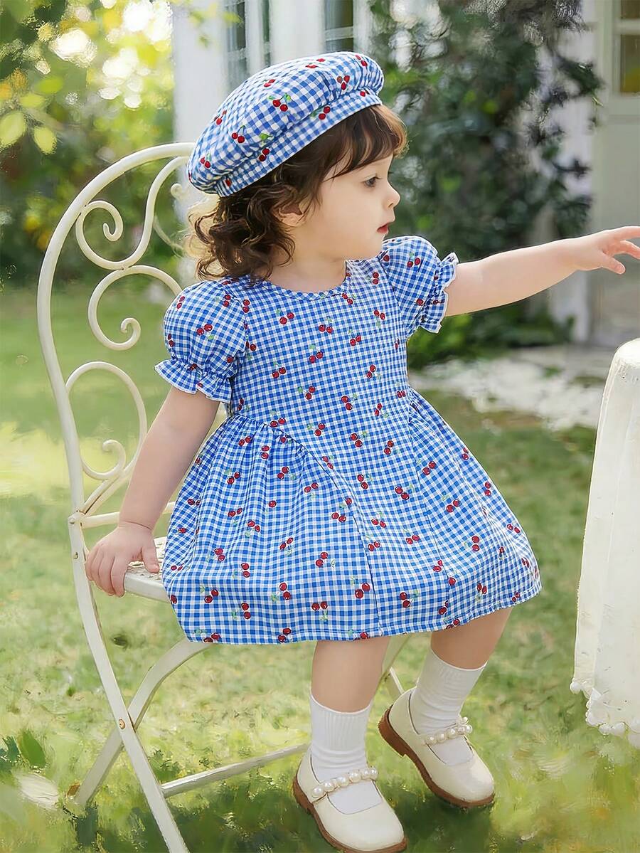 Baby Girls Cherry Plaid Dress And Beret Hat Set Cute Summer Vacation Outfit