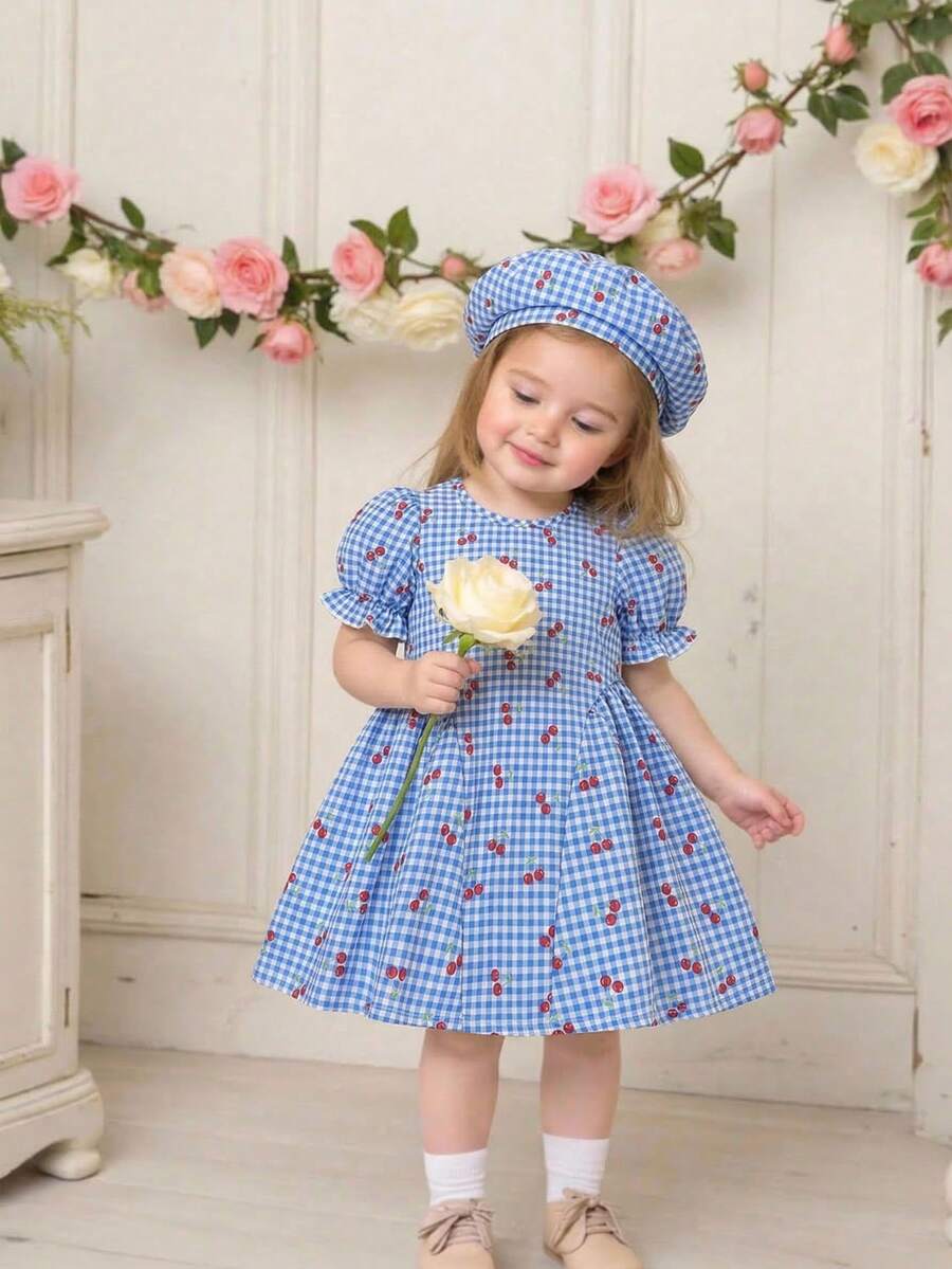 Baby Girls Cherry Plaid Dress And Beret Hat Set Cute Summer Vacation Outfit