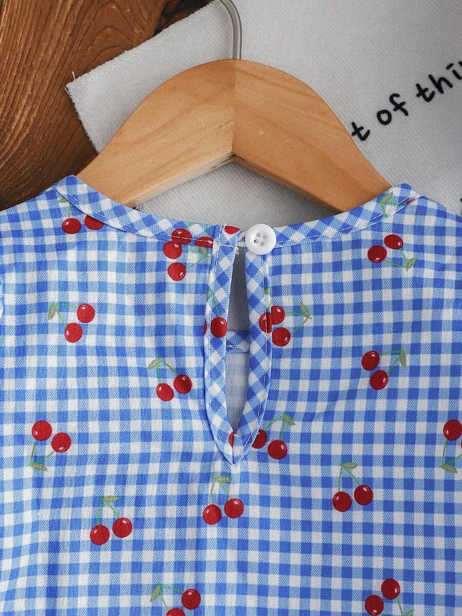 Baby Girls Cherry Plaid Dress And Beret Hat Set Cute Summer Vacation Outfit