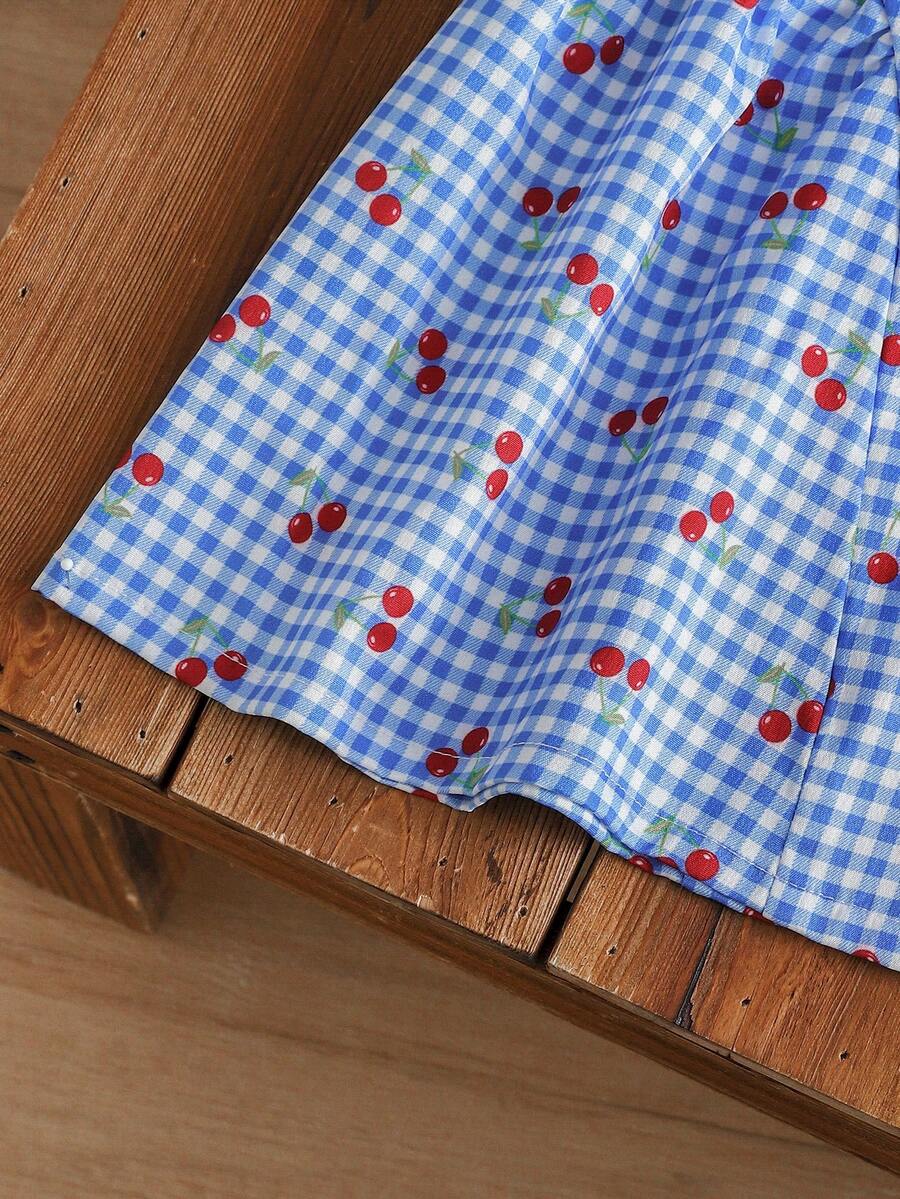 Baby Girls Cherry Plaid Dress And Beret Hat Set Cute Summer Vacation Outfit